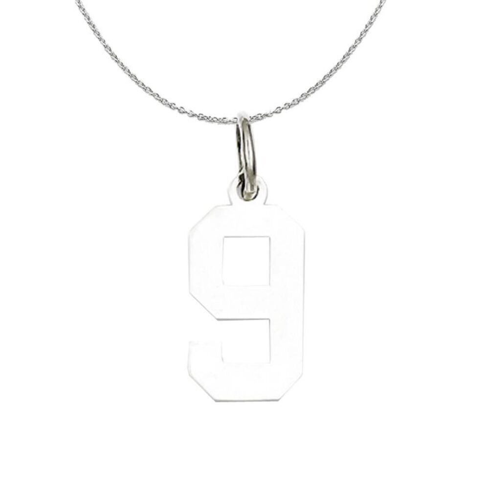 Silver, Athletic Collection Medium Polished Number 9 Necklace - 24 In